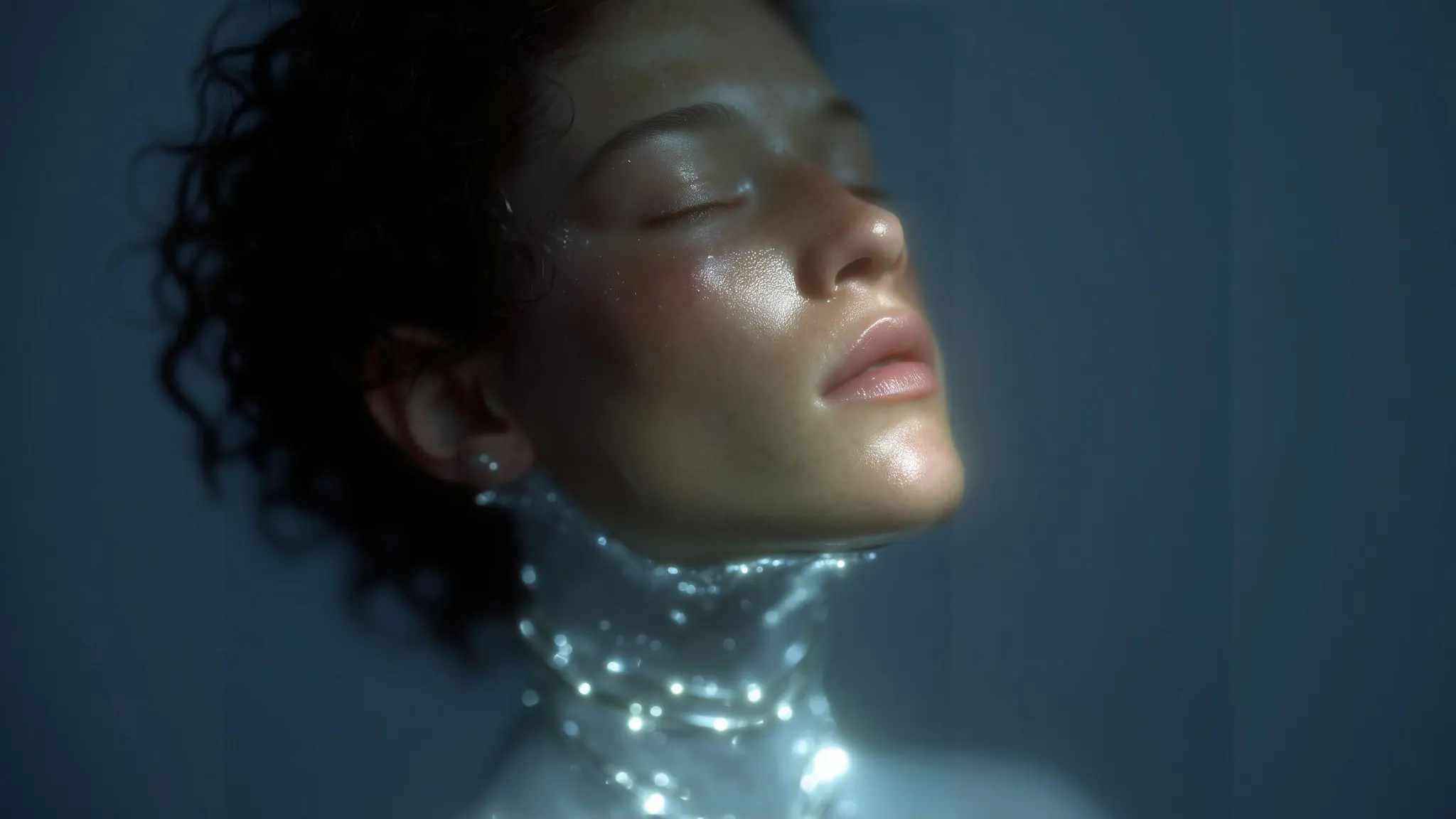 A woman with closed eyes wearing a glowing beaded collar in blue light