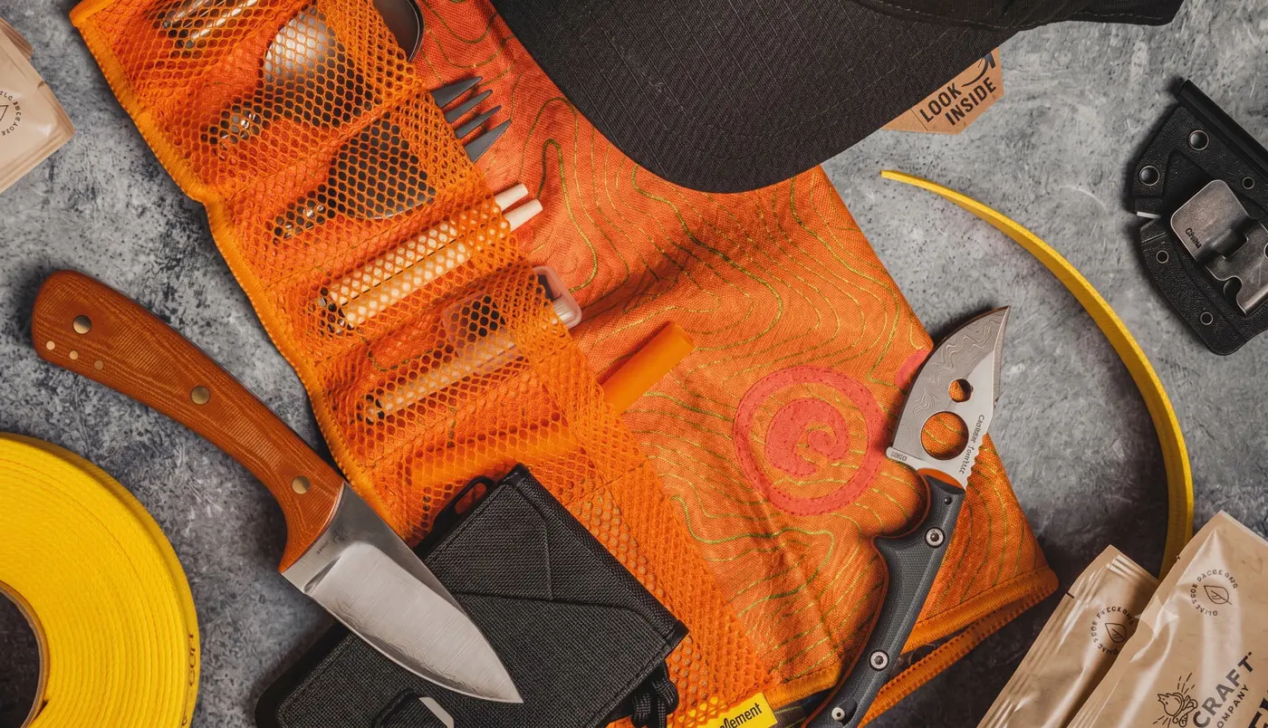 BattlBox gear on grey concrete: an orange mesh roll-up pouch, a fixed-blade knife, a spear-point folding knife, a black cap and yellow webbing