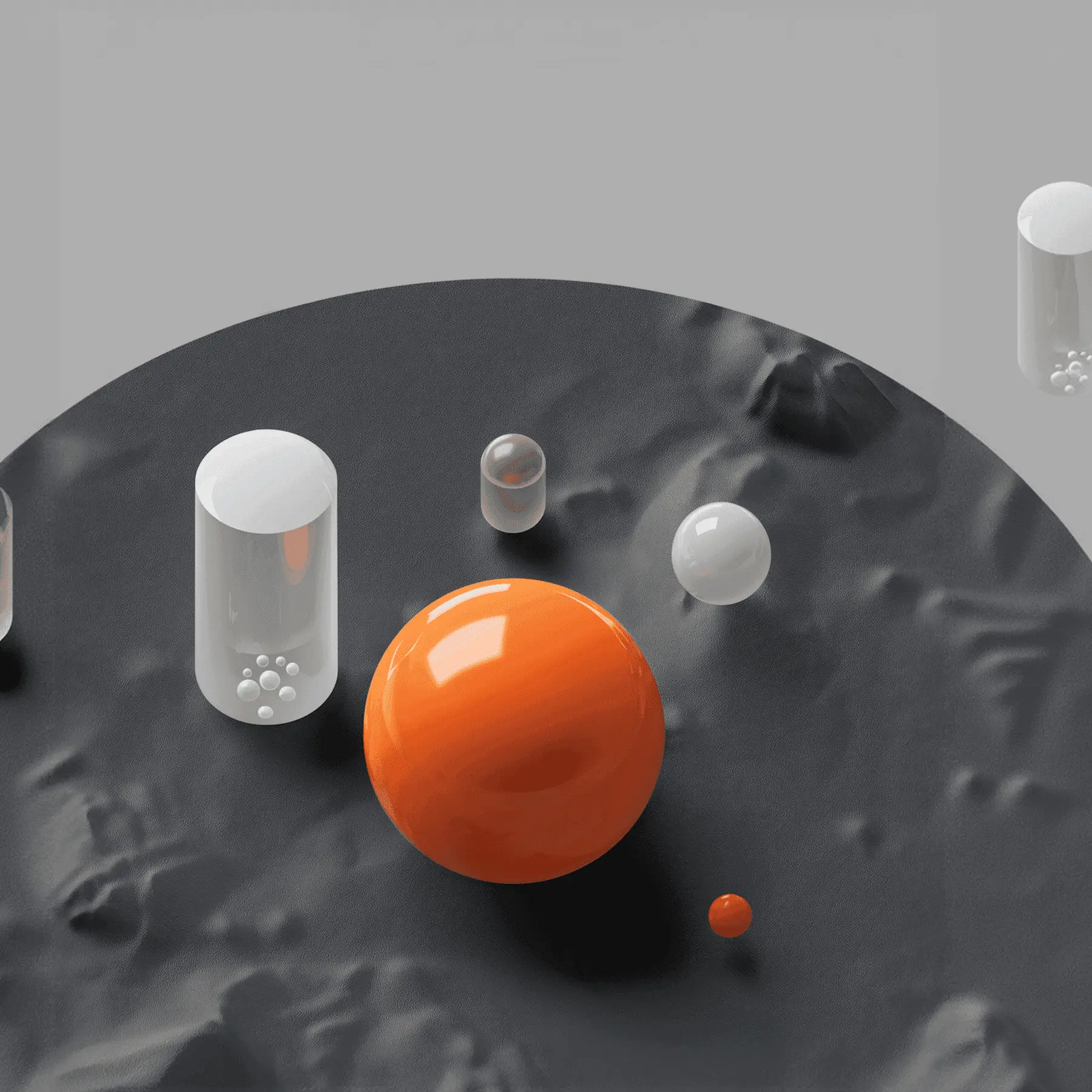 An orange sphere and small objects on a grey cratered surface