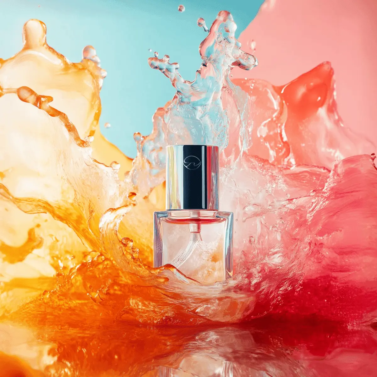 A perfume bottle inside a splash of orange and pink liquid