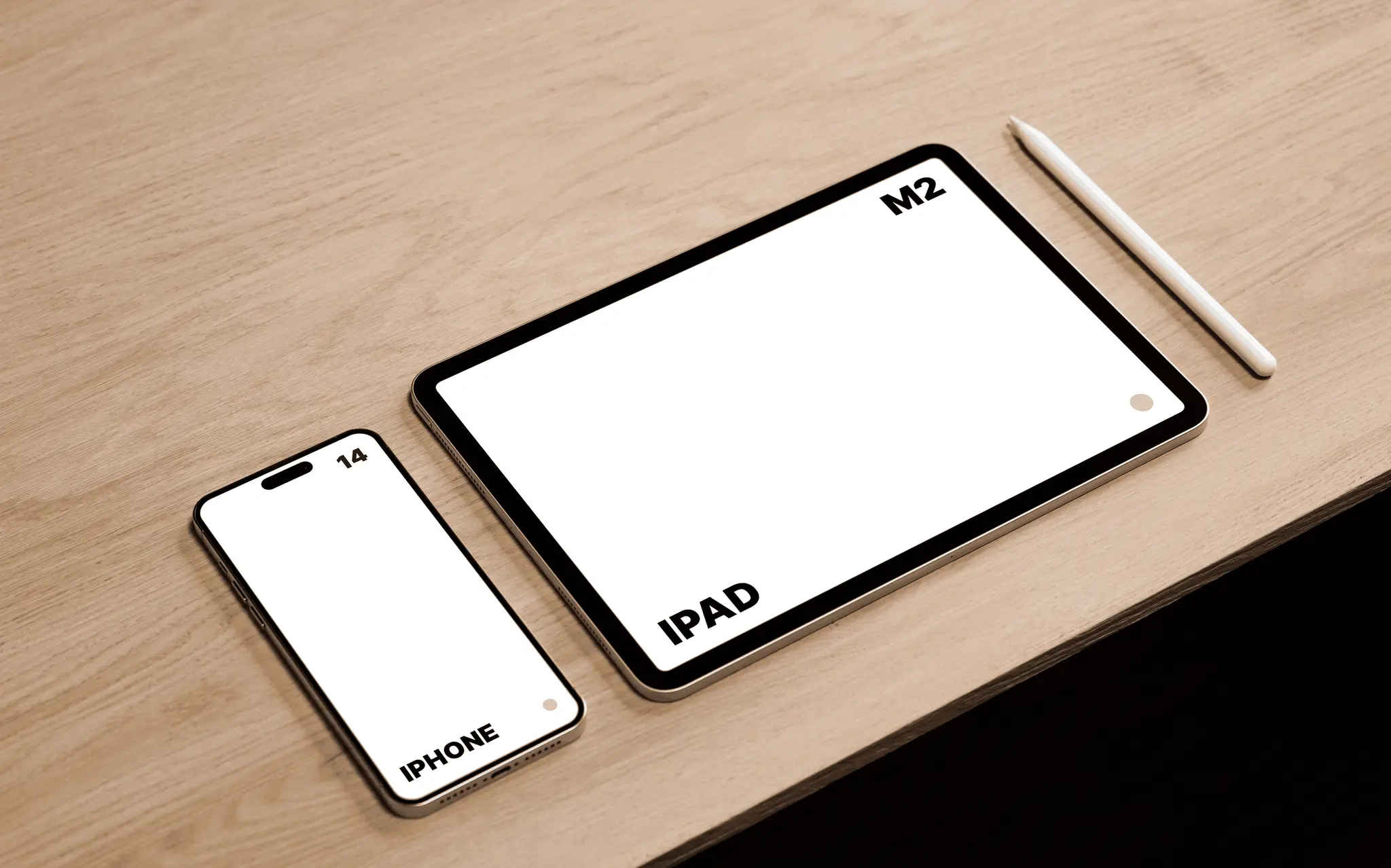 A tablet and a phone mockup with a stylus on a wooden desk