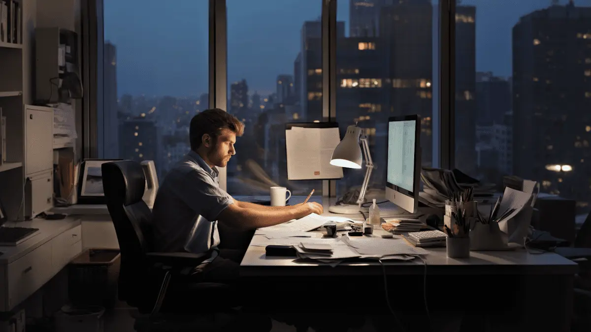 A man working at a desk by a window over a city at dusk