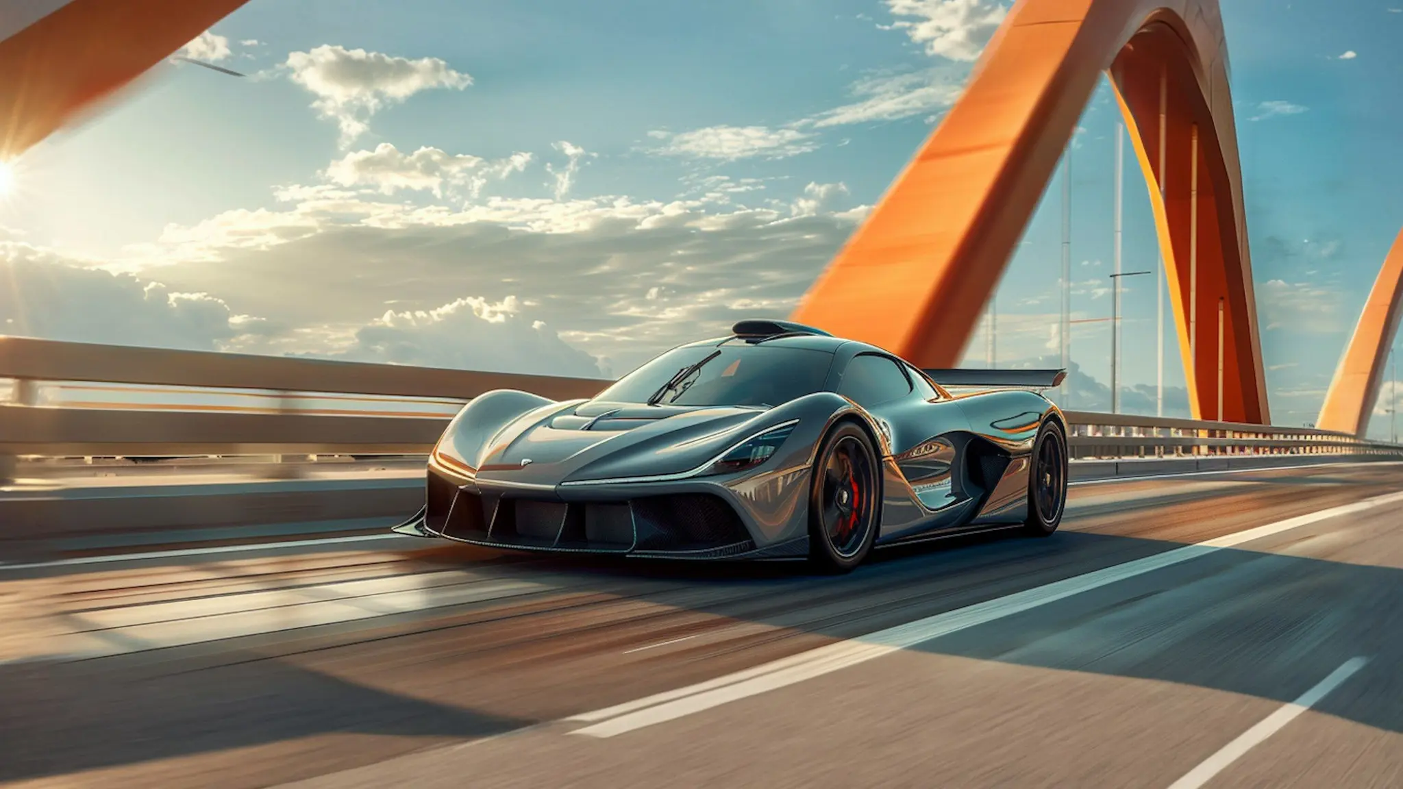 A silver sports car crossing a bridge under an orange steel arch