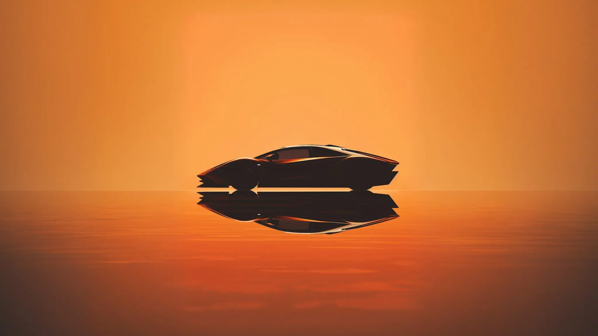 A sports car silhouetted against an orange sunset, mirrored in still water