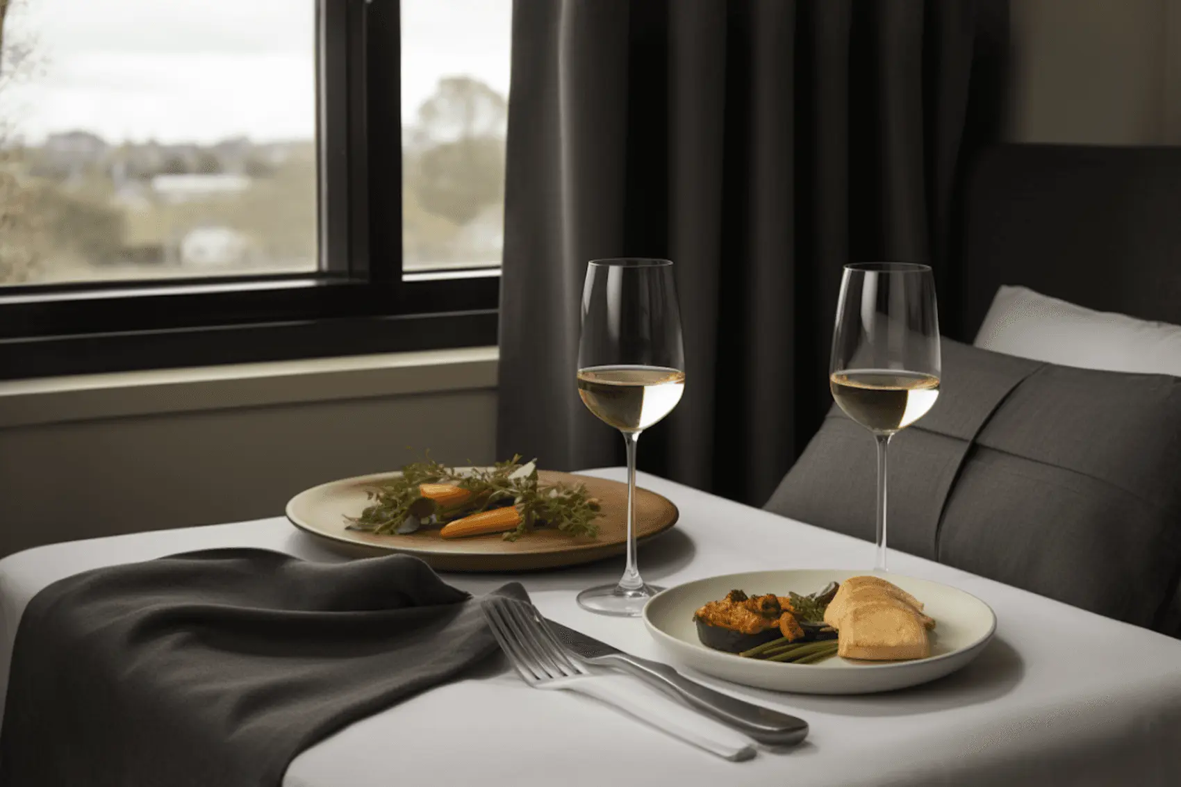 Two glasses of white wine and plated dishes on a table by a window