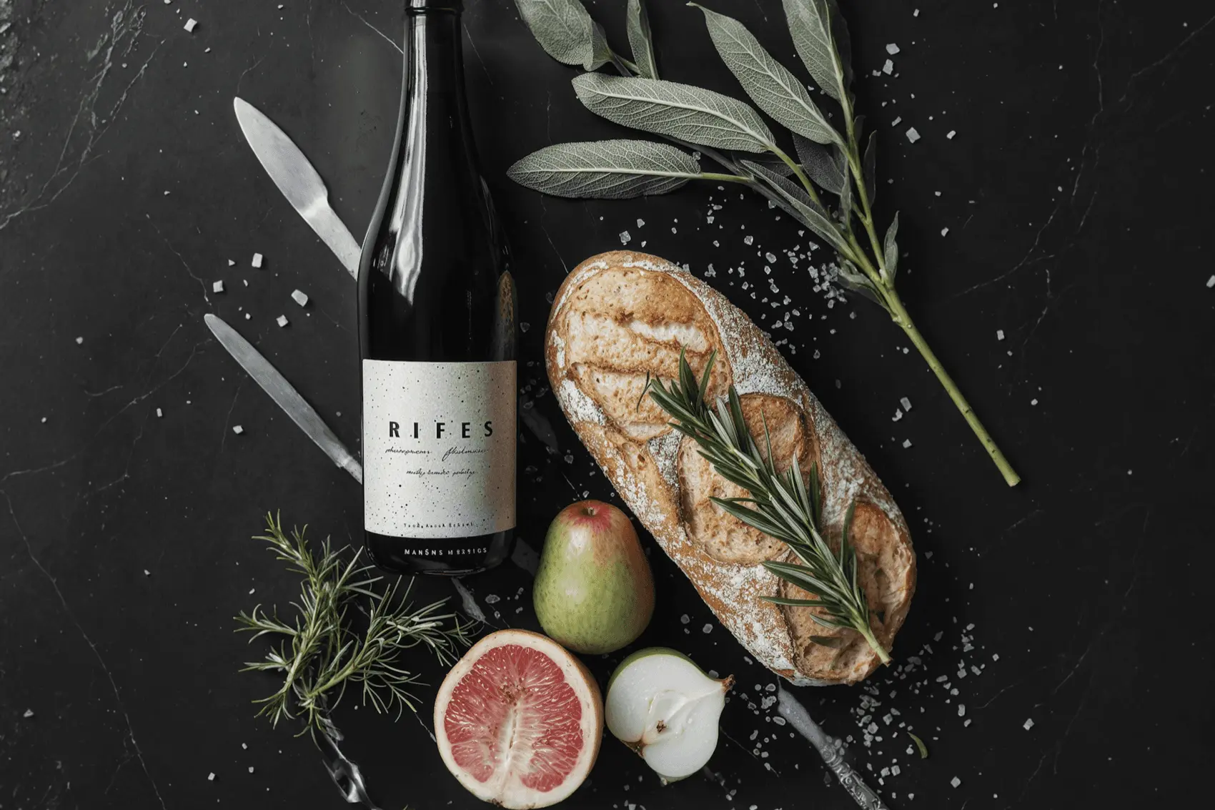 A bottle of wine beside bread, pears, a halved grapefruit and herbs on black marble