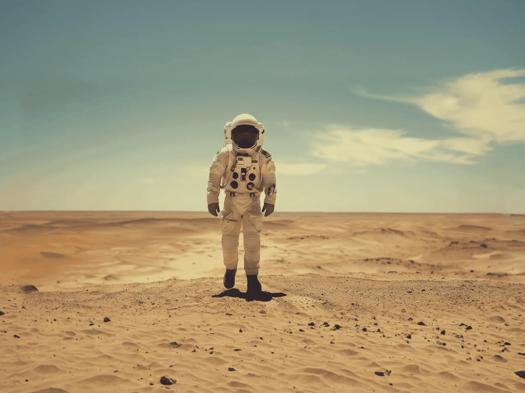An astronaut standing alone in a desert under a blue sky