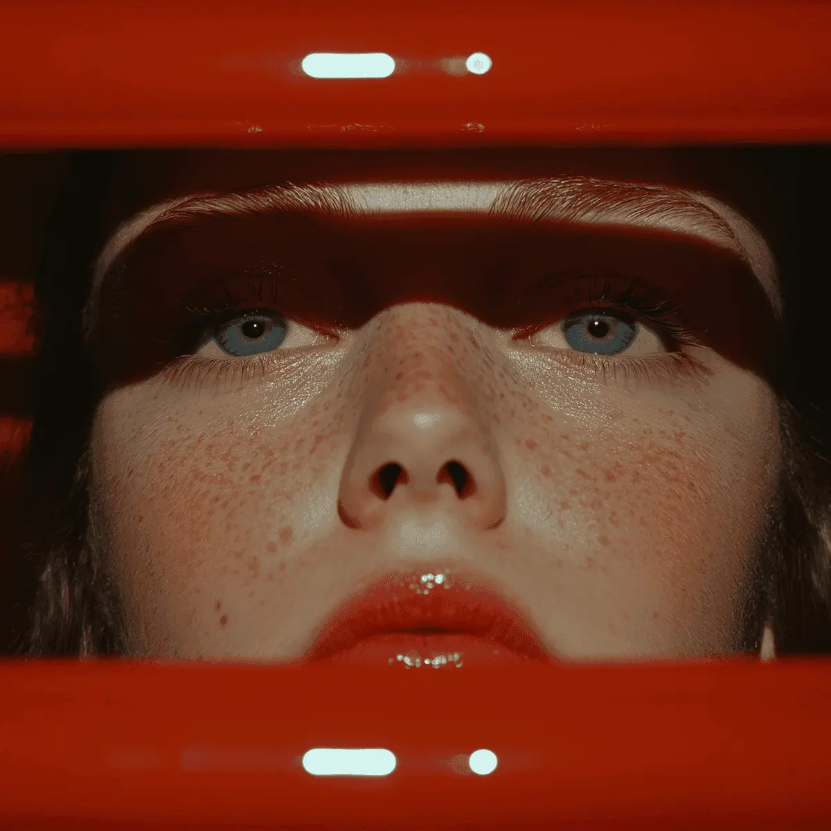 A face framed by glossy red shapes, eyes looking up