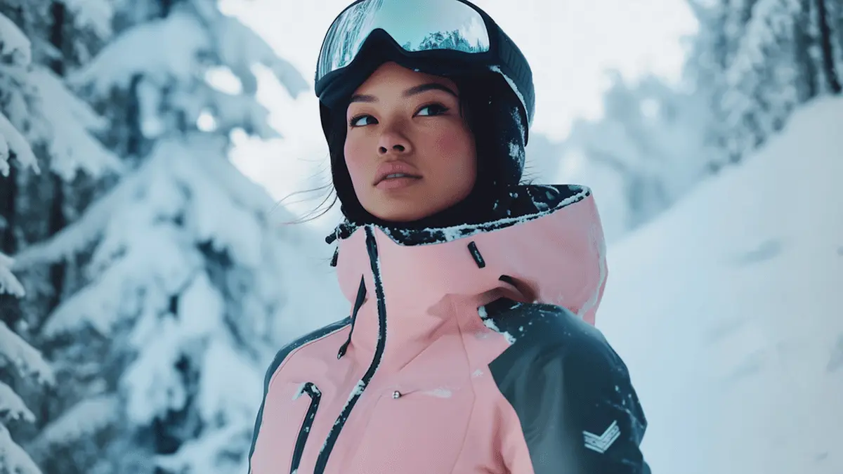 A woman in a pink ski jacket and goggles among snowy pines