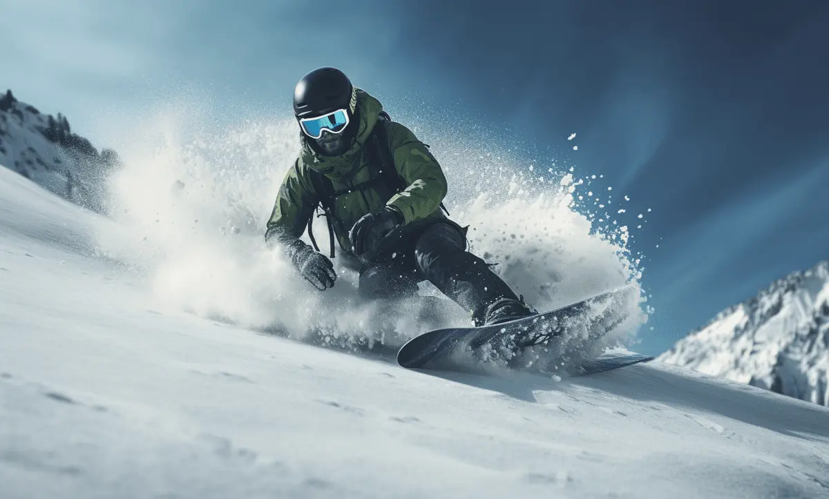 A snowboarder carving through powder on a mountain slope