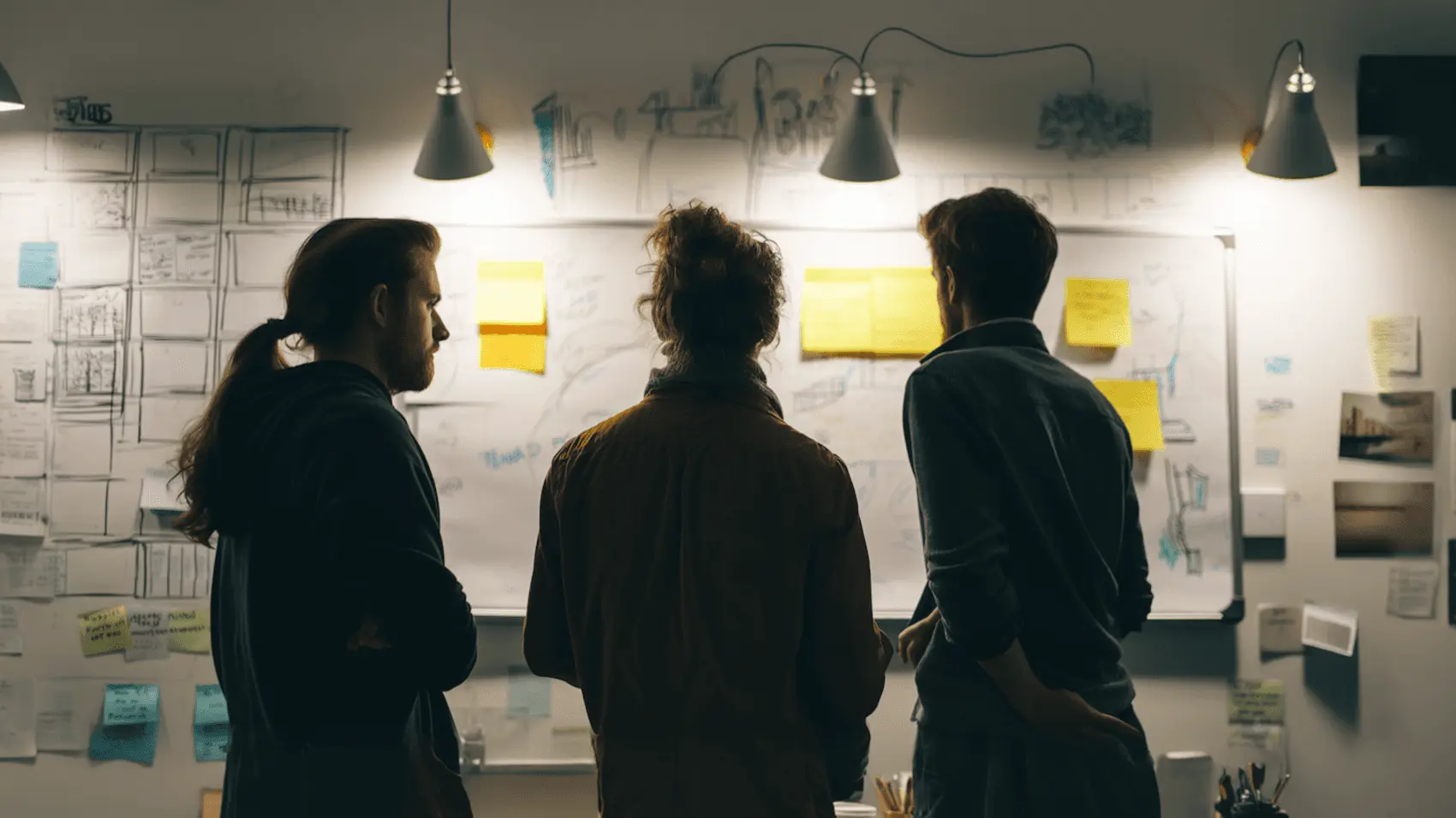 Three people seen from behind at a wall of sticky notes and sketches under hanging lamps